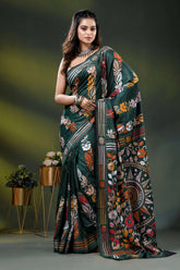 Jungle green silk kantha saree with multicolor floral nature theme 1