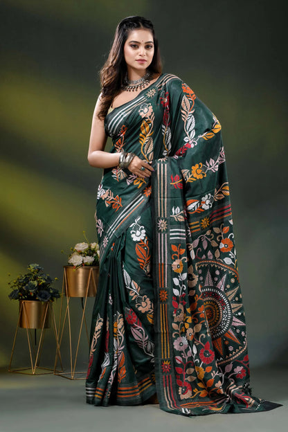 Jungle green silk kantha saree with multicolor floral nature theme 1