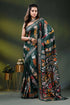 Jungle green silk kantha saree with multicolor floral nature theme 1