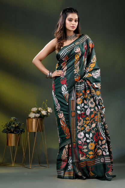 Jungle green silk kantha saree with multicolor floral nature theme 4