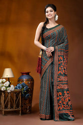 Jungle green silk kantha stitch saree with fiery orange thread floral motif dark green saree intricate orange 3