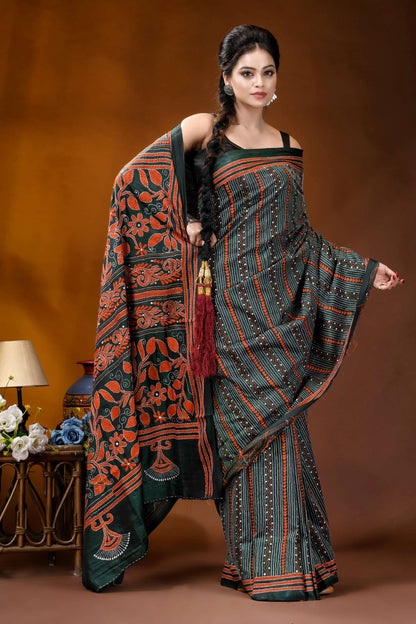 Jungle green silk kantha stitch saree with fiery orange thread floral motif dark green orange patterned saree 6