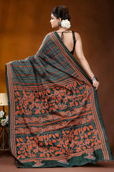 Jungle green silk kantha stitch saree with fiery orange thread floral motif dark green silk saree adorned 5
