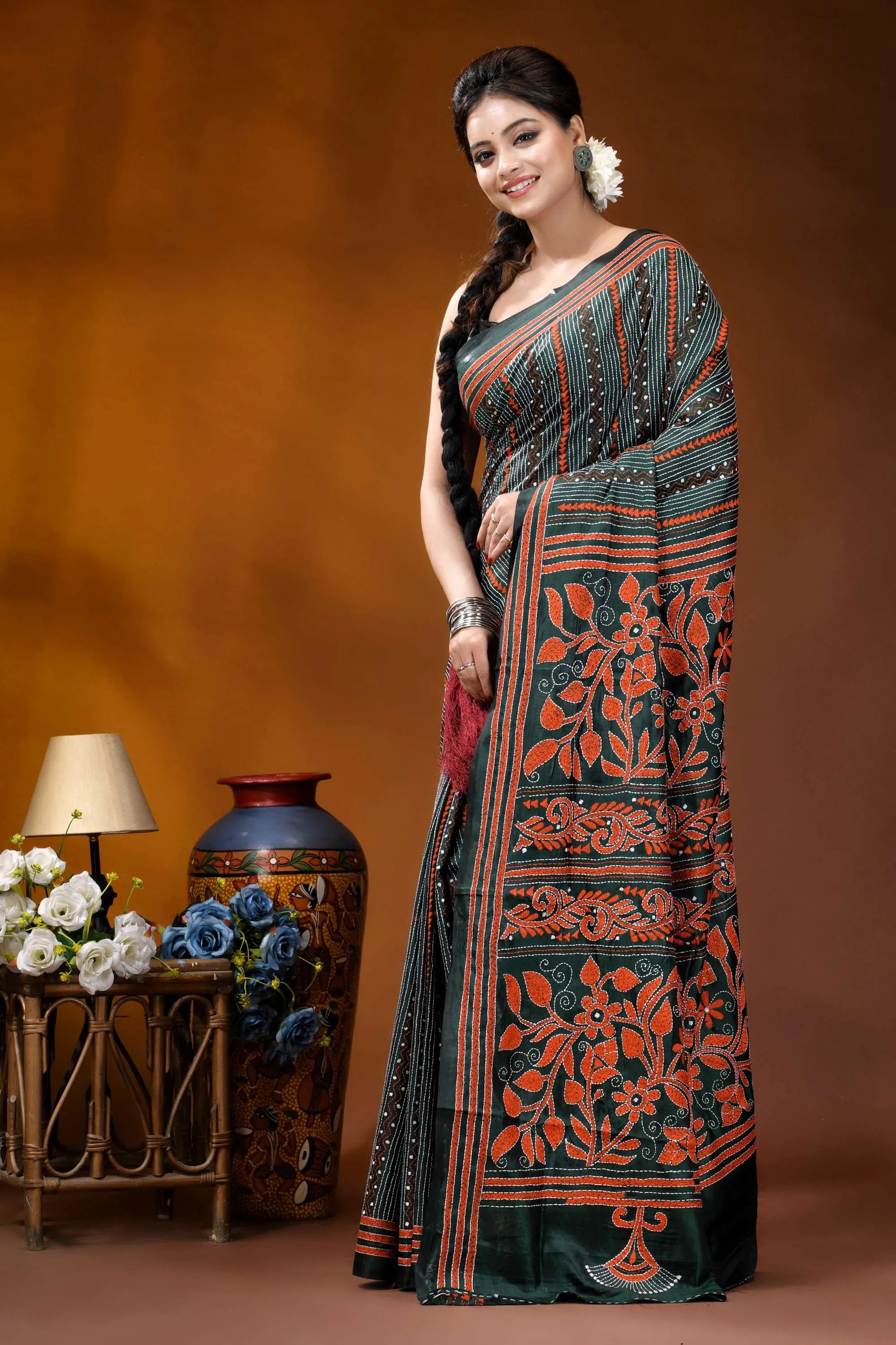 Jungle green silk kantha stitch saree with fiery orange thread floral motif dark green saree intricate orange 4