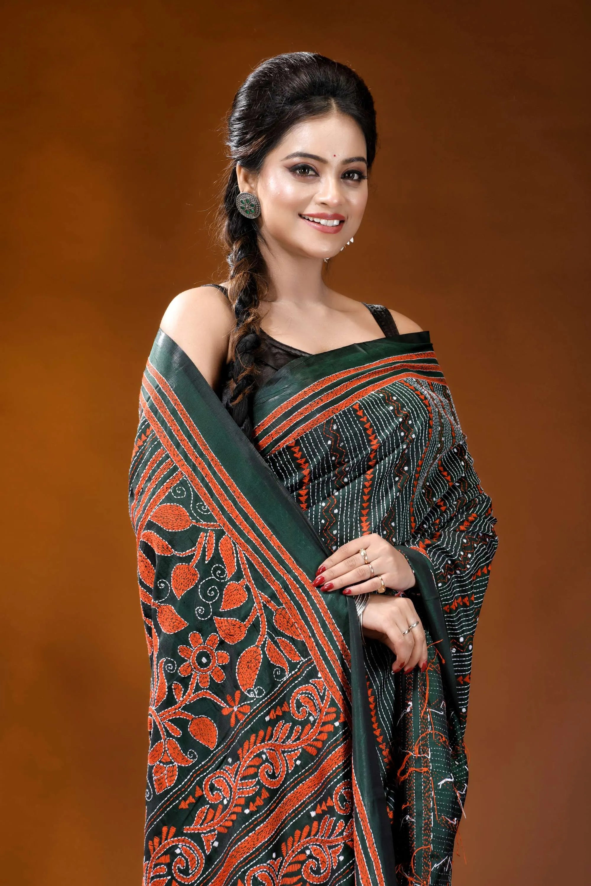 Jungle green silk kantha stitch saree with fiery orange thread floral motif dark green orange patterned saree 2