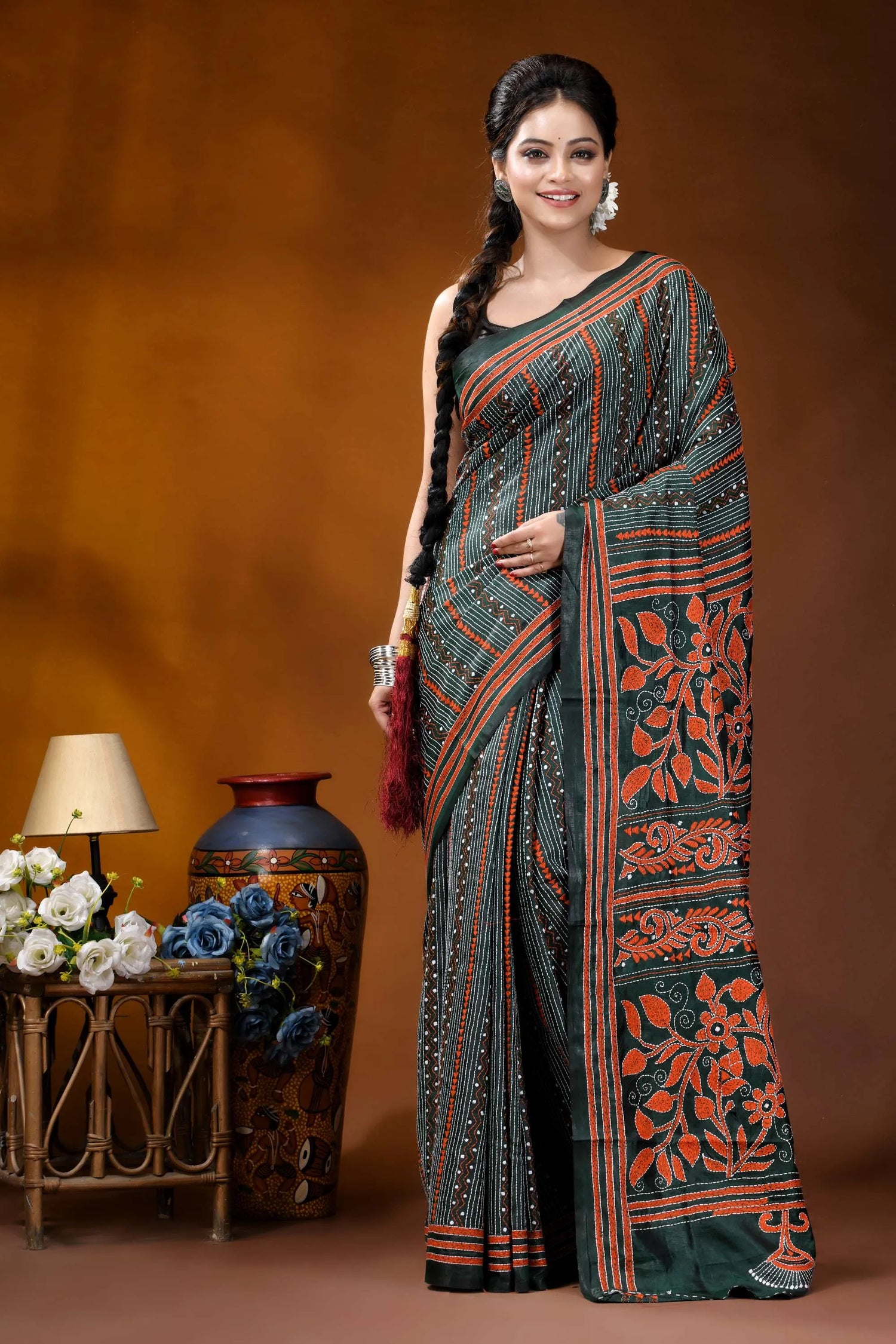 Jungle green silk kantha stitch saree with fiery orange thread floral motif dark green saree intricate orange 7