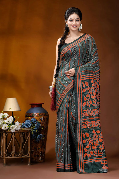 Jungle green silk kantha stitch saree with fiery orange thread floral motif dark green saree intricate orange 7