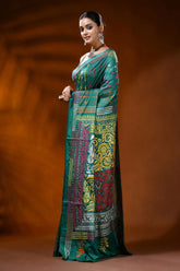 Jungle green silk kantha stitch saree with handcrafted ethnic motif 3