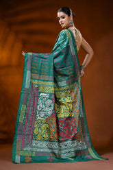 Jungle green silk kantha stitch saree with handcrafted ethnic motif 5