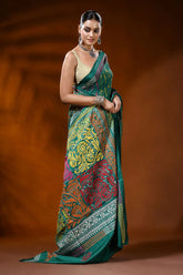 Jungle green silk kantha stitch saree with handcrafted ethnic motif 4