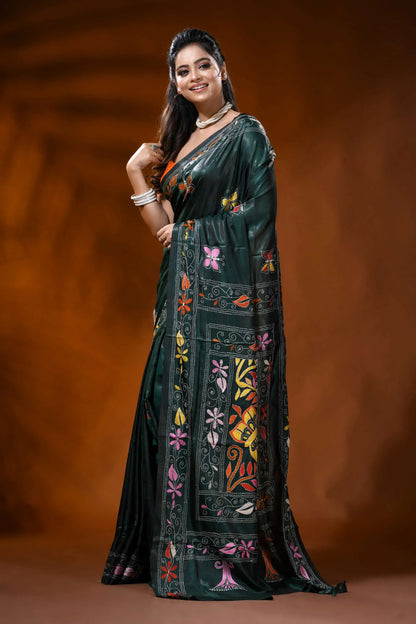 Jungle green silk kantha work saree with butterfly floral design 3