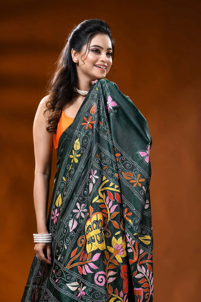 Jungle green silk kantha work saree with butterfly floral design 2