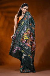 Jungle green silk kantha work saree with butterfly floral design 4