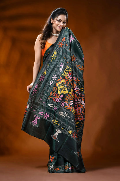 Jungle green silk kantha work saree with butterfly floral design 4
