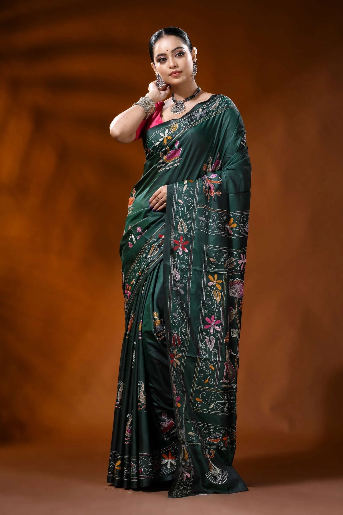 Jungle green silk kantha work saree with swan lotus nature theme 6