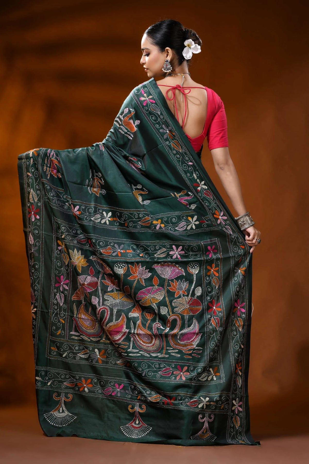 Jungle green silk kantha work saree with swan lotus nature theme 5
