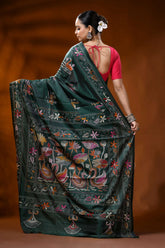 Jungle green silk kantha work saree with swan lotus nature theme 5