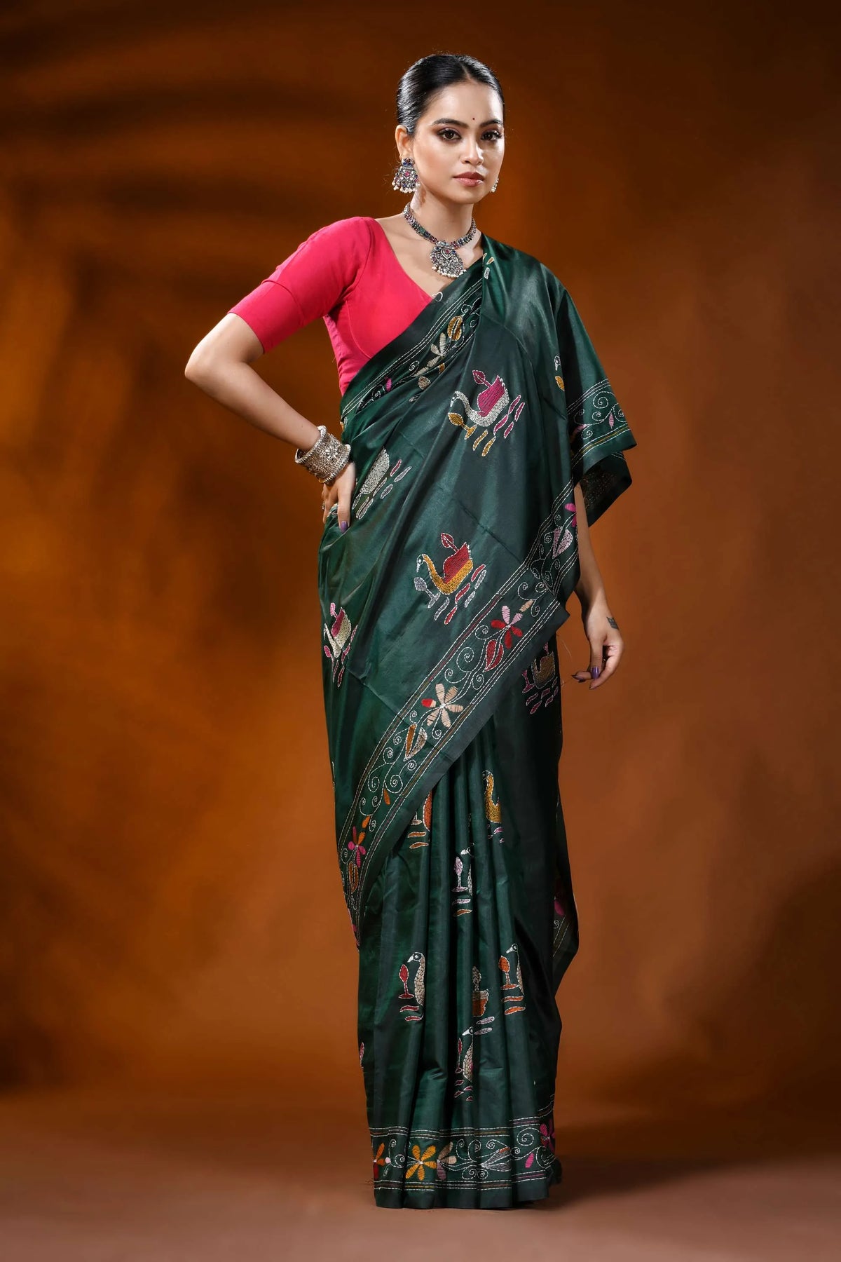 Jungle green silk kantha work saree with swan lotus nature theme 4