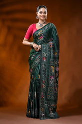 Jungle green silk kantha work saree with swan lotus nature theme 1