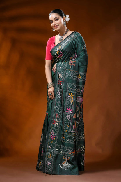 Jungle green silk kantha work saree with swan lotus nature theme 3