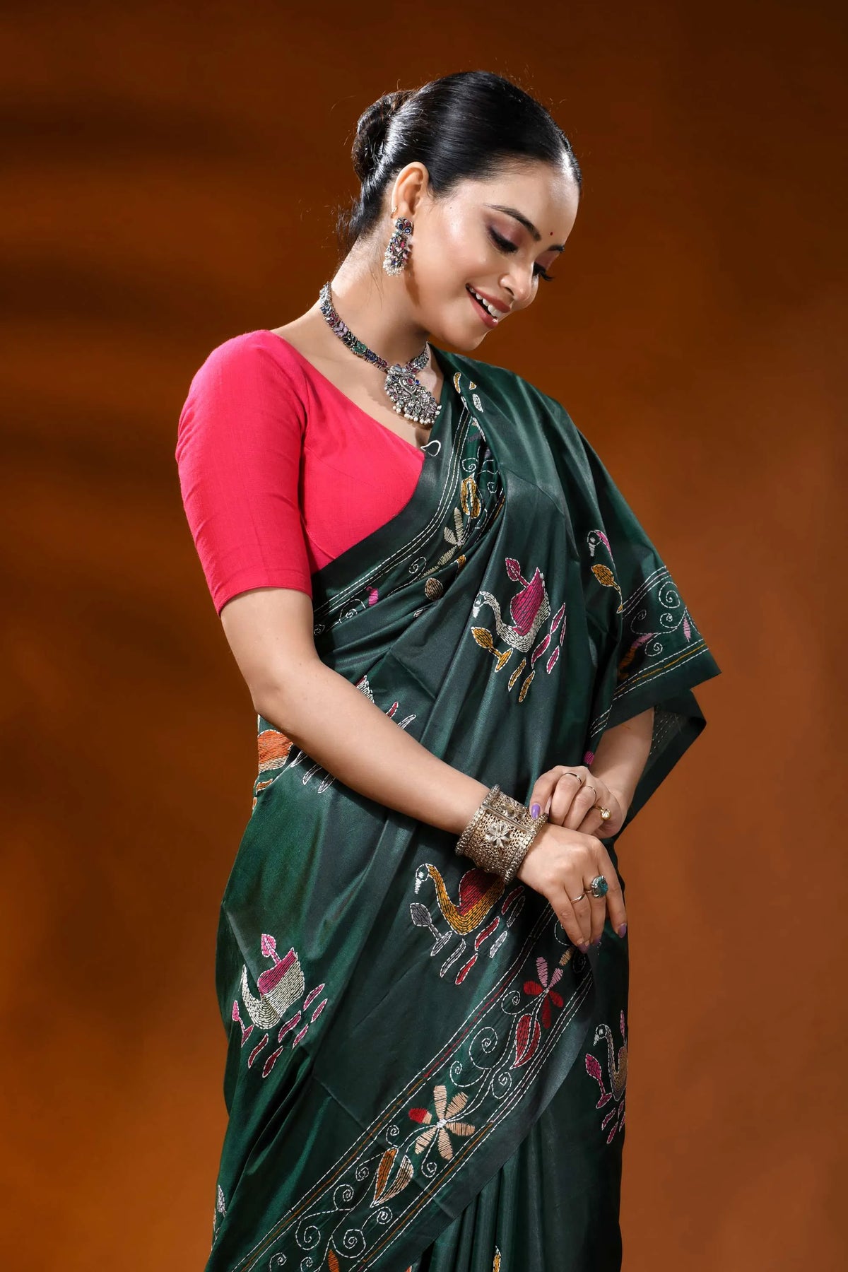 Jungle green silk kantha work saree with swan lotus nature theme 2