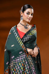 Jungle green silk kutch embroidered saree with multicolor mirror detailing 2