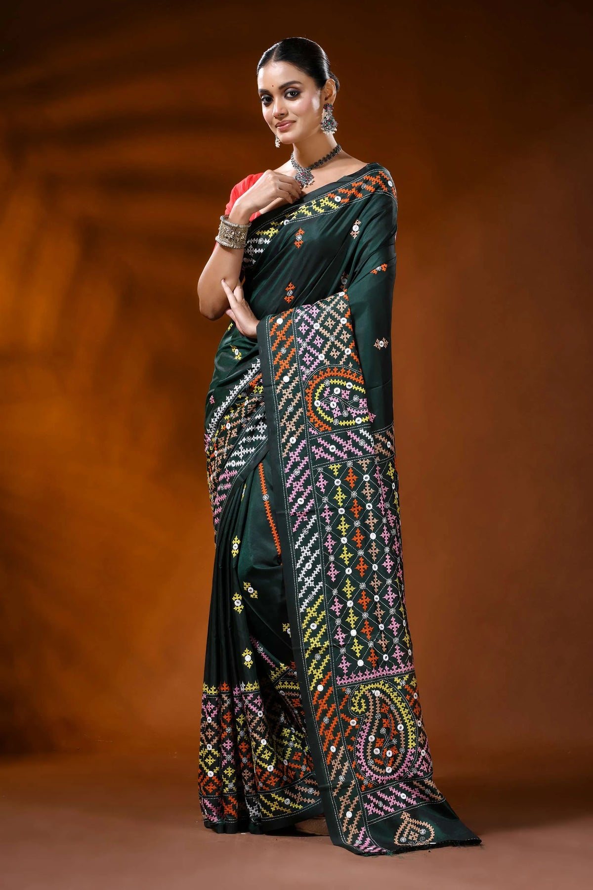 Jungle green silk kutch embroidered saree with multicolor mirror detailing 6
