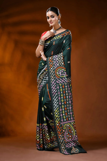 Jungle green silk kutch embroidered saree with multicolor mirror detailing 6