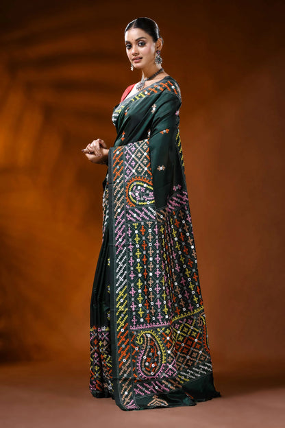 Jungle green silk kutch embroidered saree with multicolor mirror detailing 4