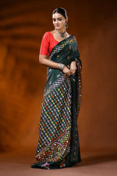 Jungle green silk kutch embroidered saree with multicolor mirror detailing 3