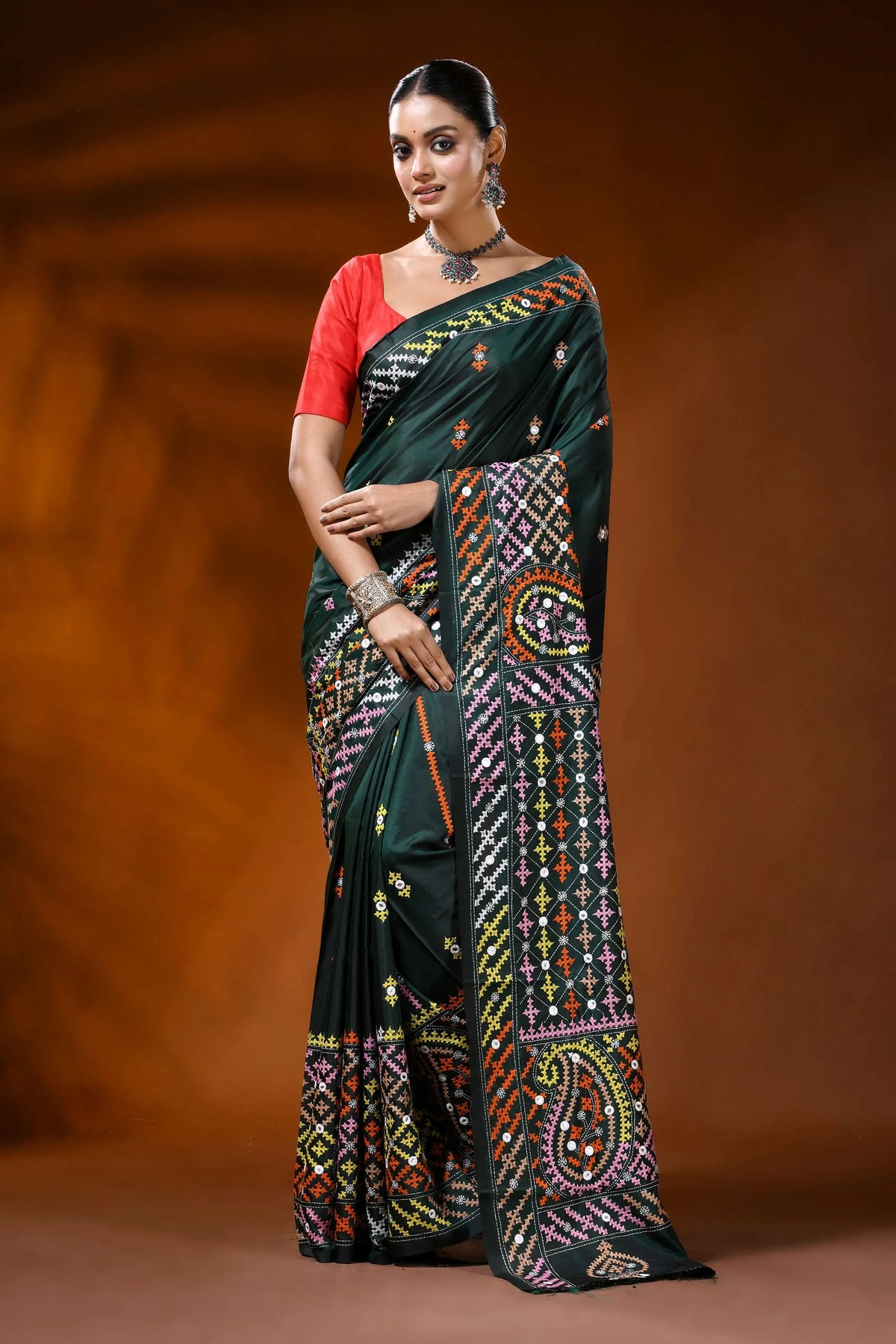 Jungle green silk kutch embroidered saree with multicolor mirror detailing 1