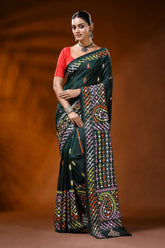 Jungle green silk kutch embroidered saree with multicolor mirror detailing 1