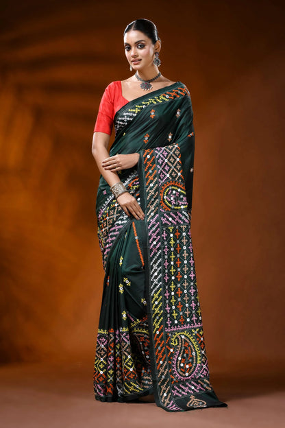Jungle green silk kutch embroidered saree with multicolor mirror detailing 1