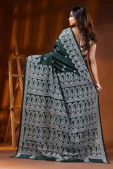 Jungle green silk kutch work saree with hand embroidered paisley 6