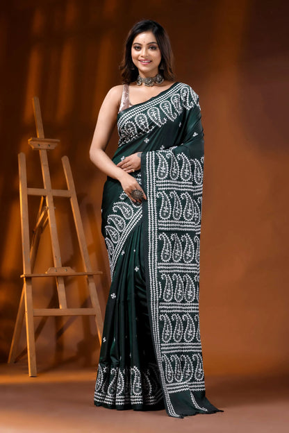Jungle green silk kutch work saree with hand embroidered paisley 7