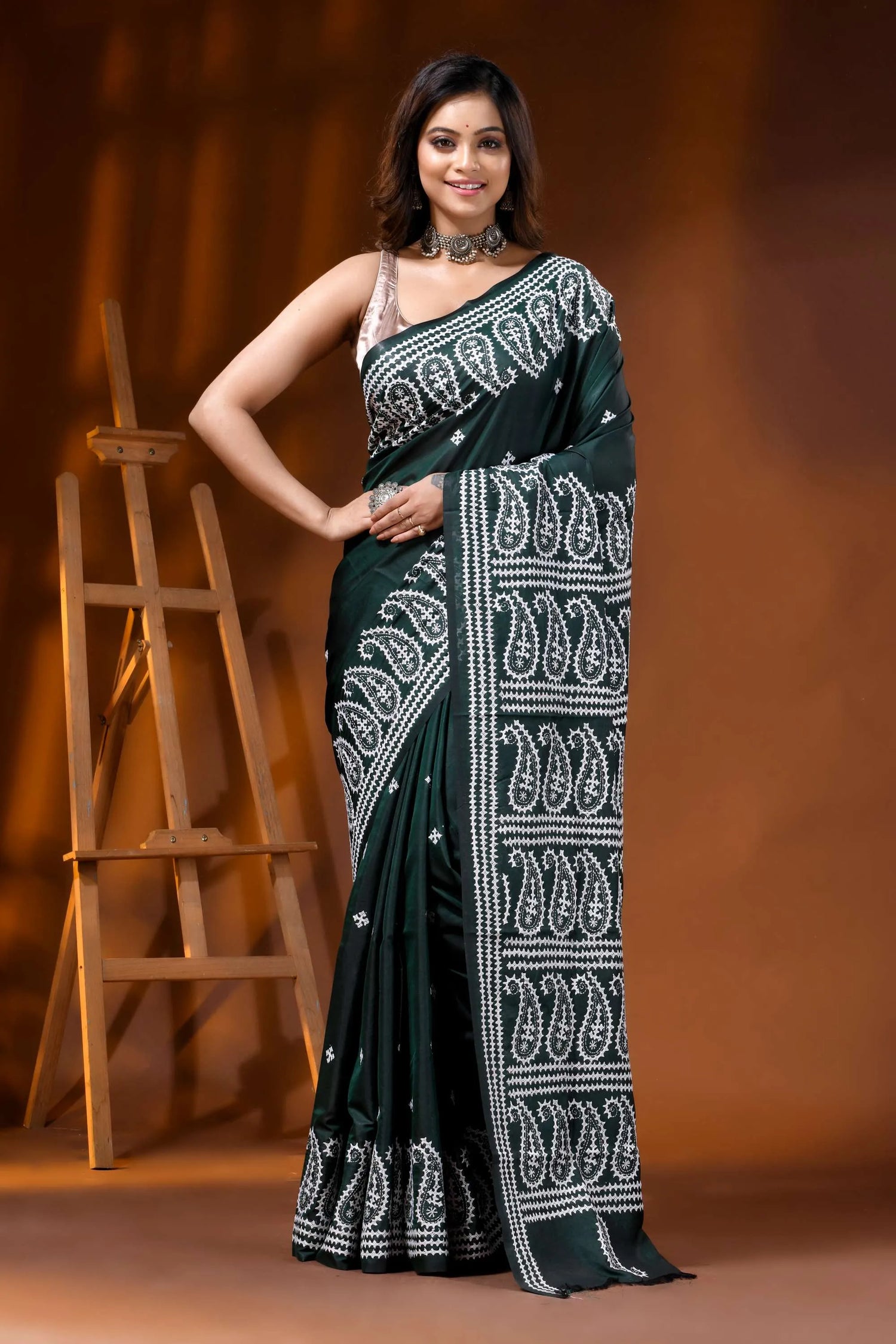 Jungle green silk kutch work saree with hand embroidered paisley 1