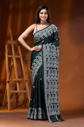 Jungle green silk kutch work saree with hand embroidered paisley 1
