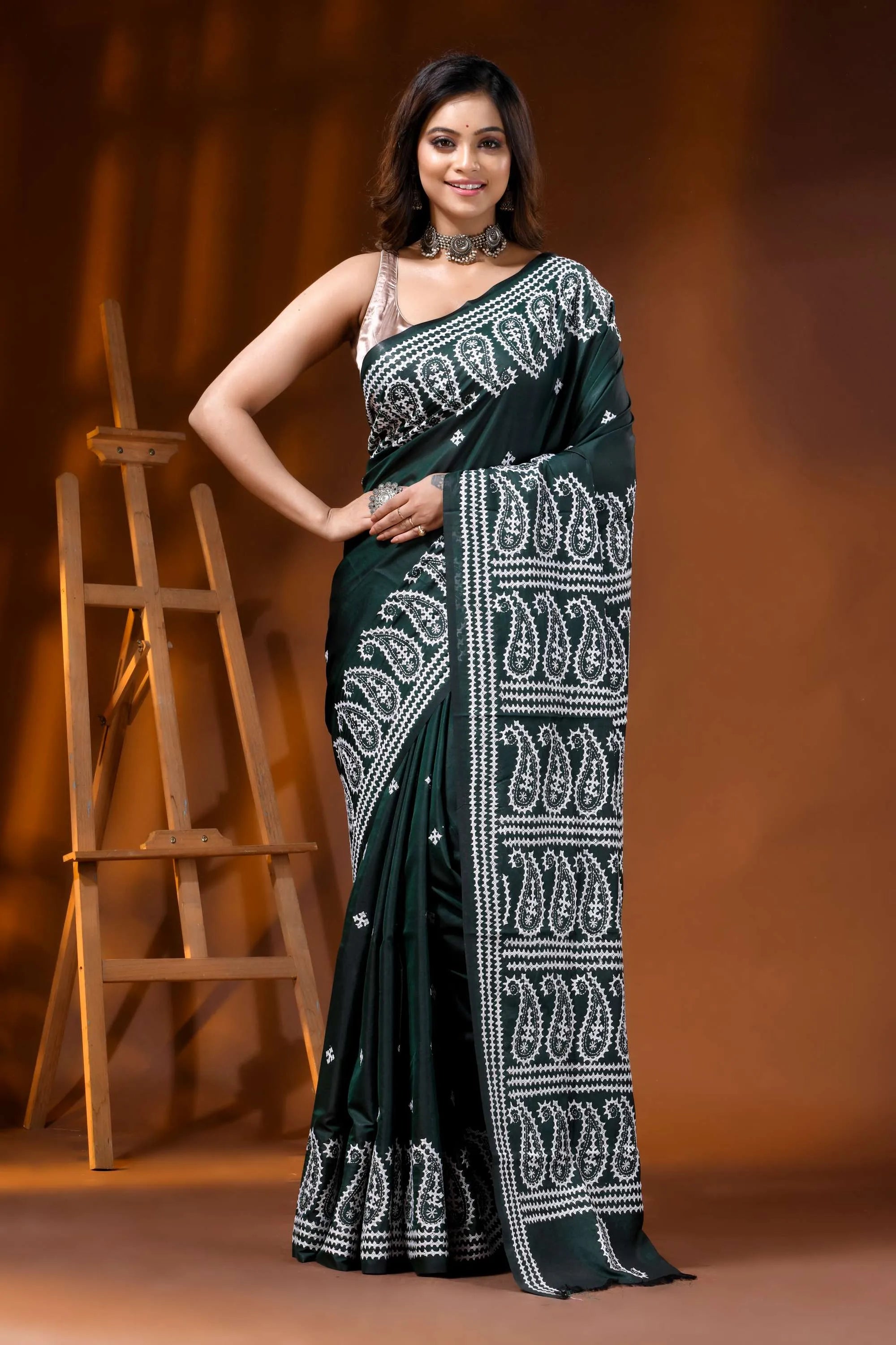 Jungle green silk kutch work saree with hand embroidered paisley 1