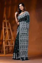 Jungle green silk kutch work saree with hand embroidered paisley 3