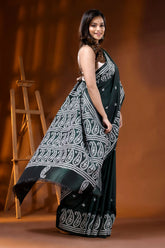 Jungle green silk kutch work saree with hand embroidered paisley 5