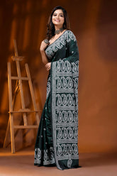 Jungle green silk kutch work saree with hand embroidered paisley 4