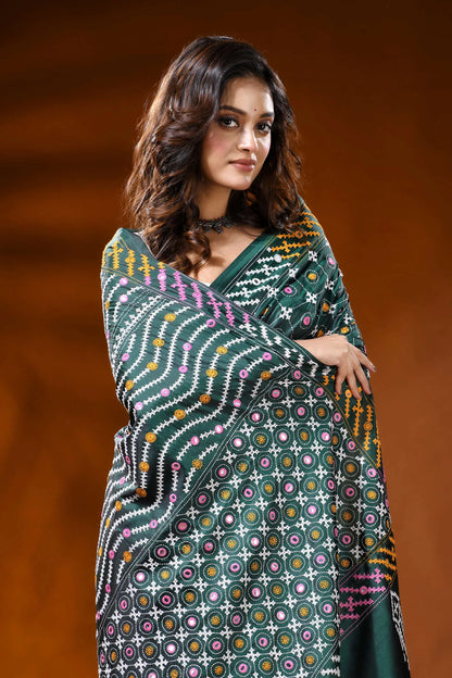 Jungle green silk kutch work saree with multicolor thread mirror detailing 2