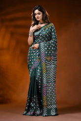 Jungle green silk kutch work saree with multicolor thread mirror detailing 6