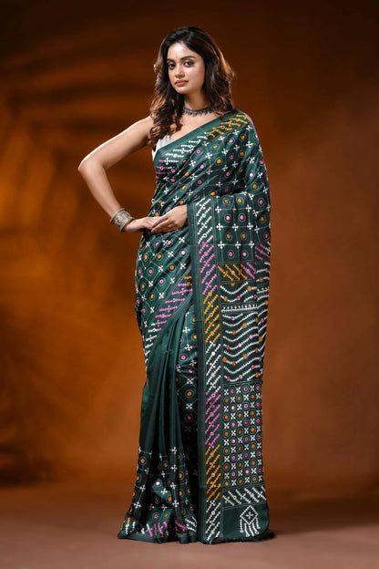 Jungle green silk kutch work saree with multicolor thread mirror detailing 1