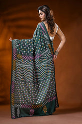 Jungle green silk kutch work saree with multicolor thread mirror detailing 5