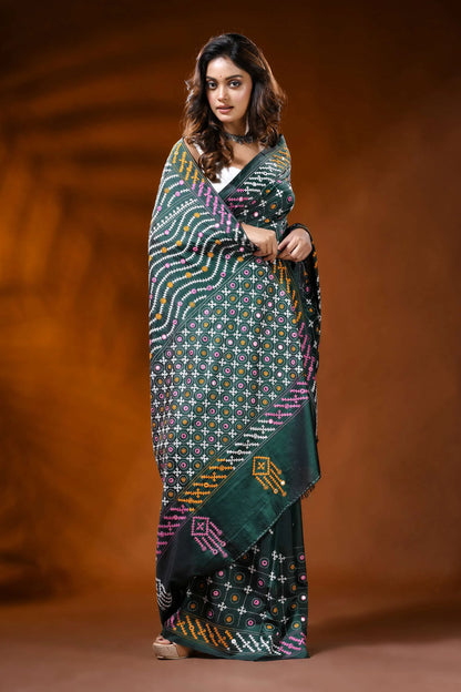 Jungle green silk kutch work saree with multicolor thread mirror detailing 4