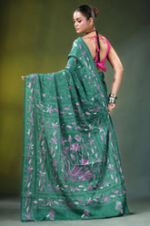Jungle green swan motif handcrafted silk kantha saree vibrant emerald adorned 5