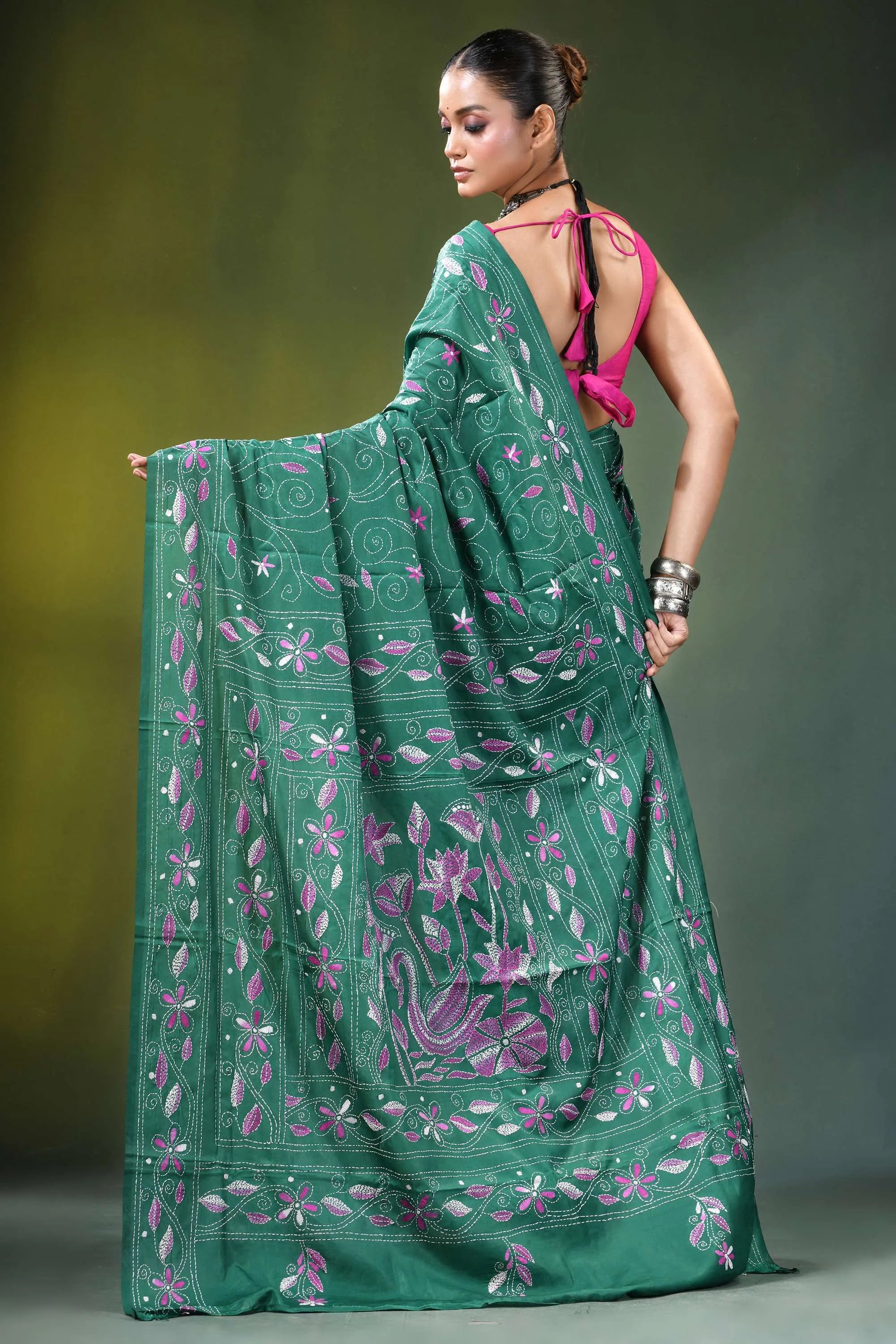 Jungle green swan motif handcrafted silk kantha saree vibrant emerald adorned 5