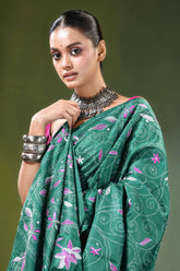 Jungle green swan motif handcrafted silk kantha saree vibrant adorned 2