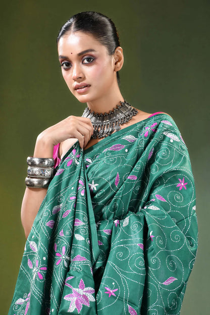 Jungle green swan motif handcrafted silk kantha saree vibrant adorned 2